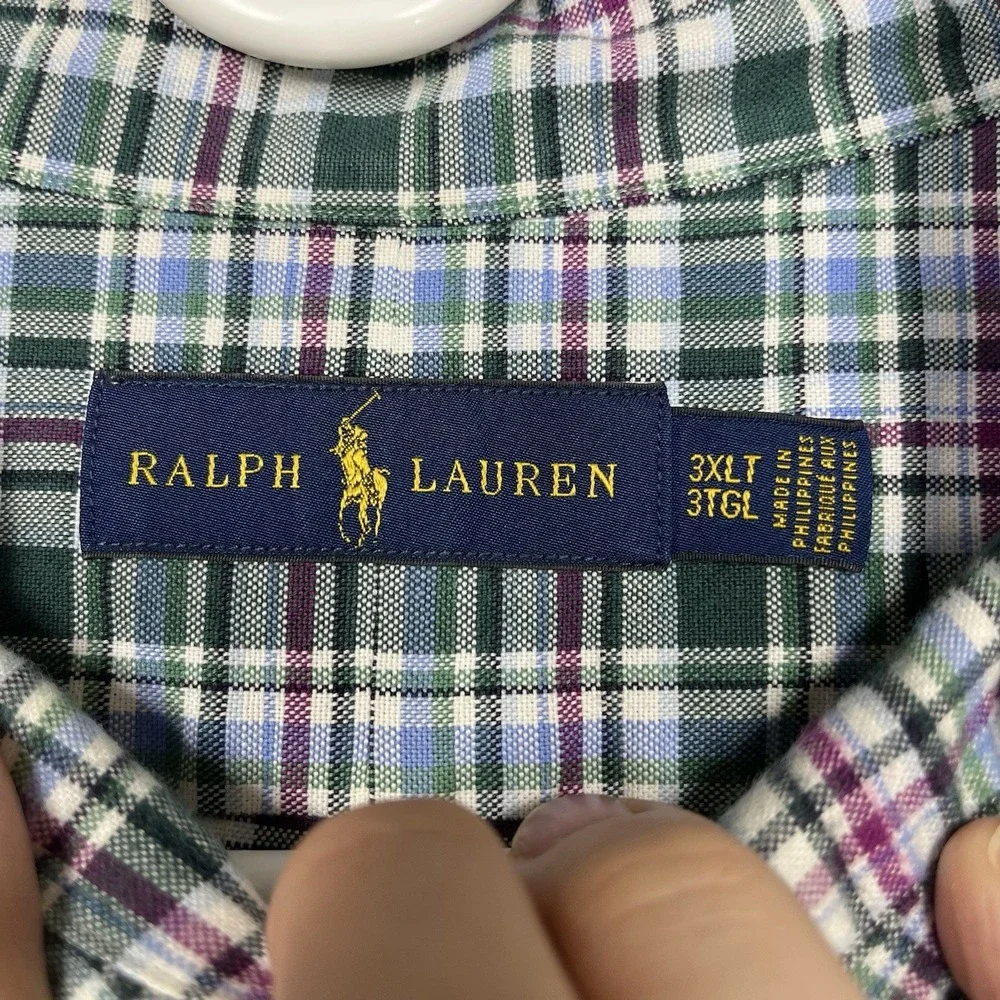 Polo Ralph Lauren Oxford Shirt Mens 3XLT Green Blue Plaid Flesh pony Long Sleeve